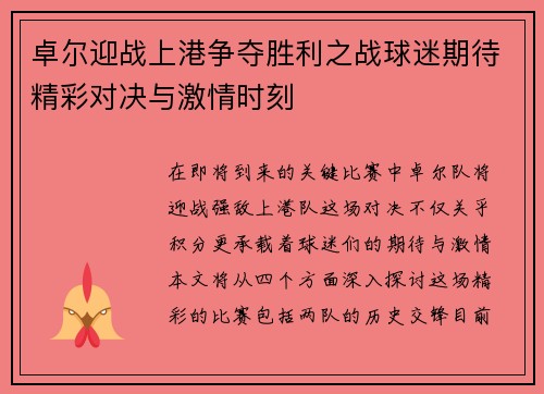 卓尔迎战上港争夺胜利之战球迷期待精彩对决与激情时刻