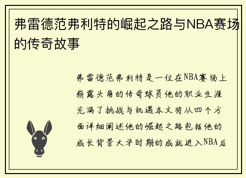 弗雷德范弗利特的崛起之路与NBA赛场的传奇故事